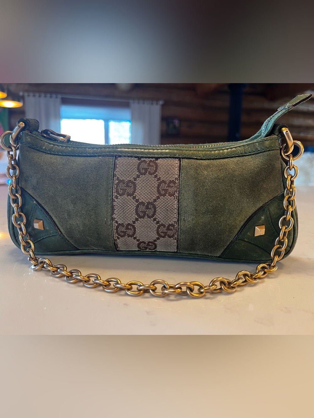 ✨ RARE Vintage Gucci GG Supreme Nailhead Pochette - Green Suede ✨